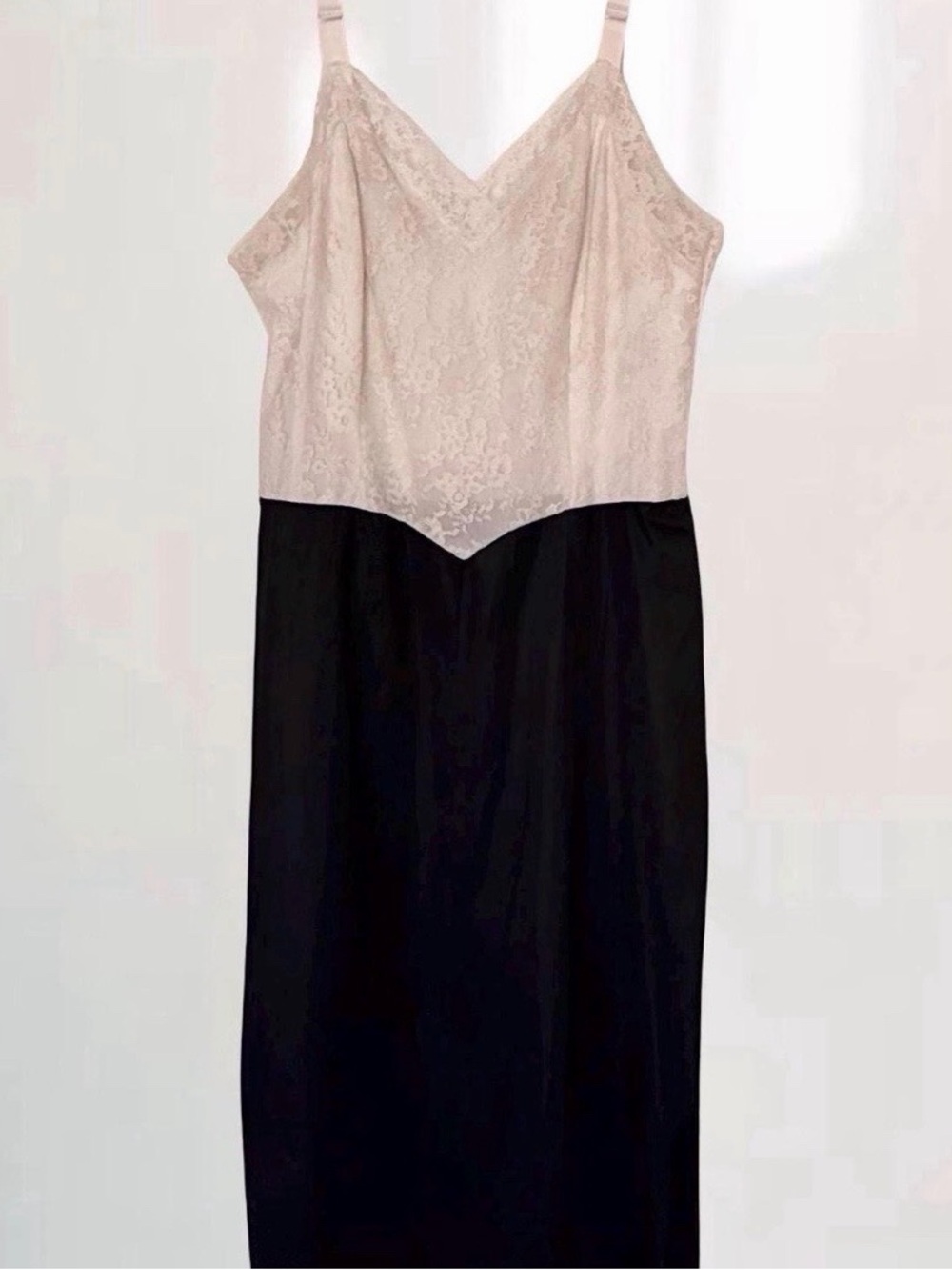 Vintage Van Raalte Black & Ivory Lace Nylon Slip Dress Made in USA